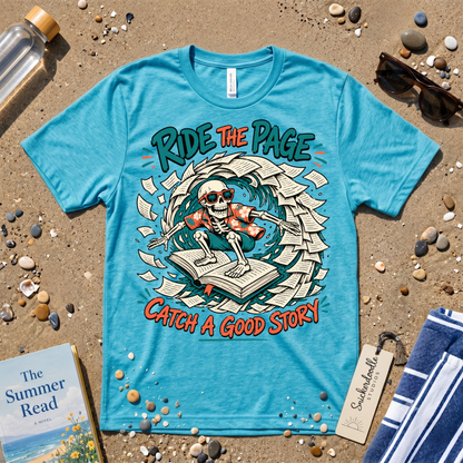 Catch a Good Story Surfing Skeleton Booklover Graphic T-Shirt