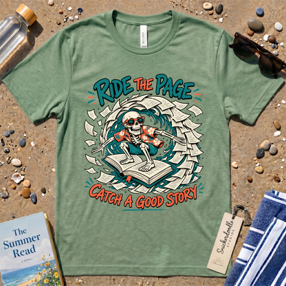 Catch a Good Story Surfing Skeleton Booklover Graphic T-Shirt