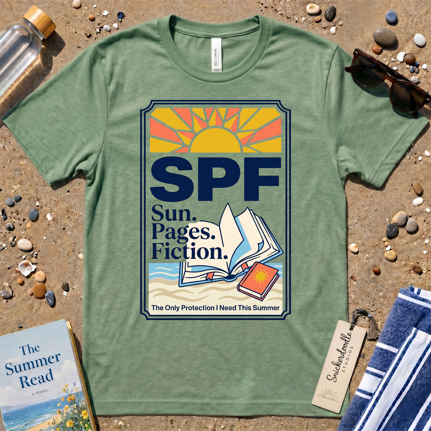 SPF: Sun, Pages, Fiction Stamp Style Graphic T‑Shirt