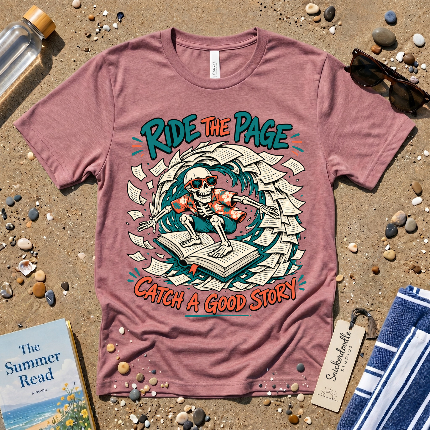 Catch a Good Story Surfing Skeleton Booklover Graphic T-Shirt