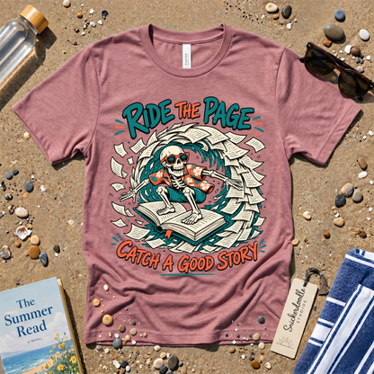 Catch a Good Story Surfing Skeleton Booklover Graphic T-Shirt