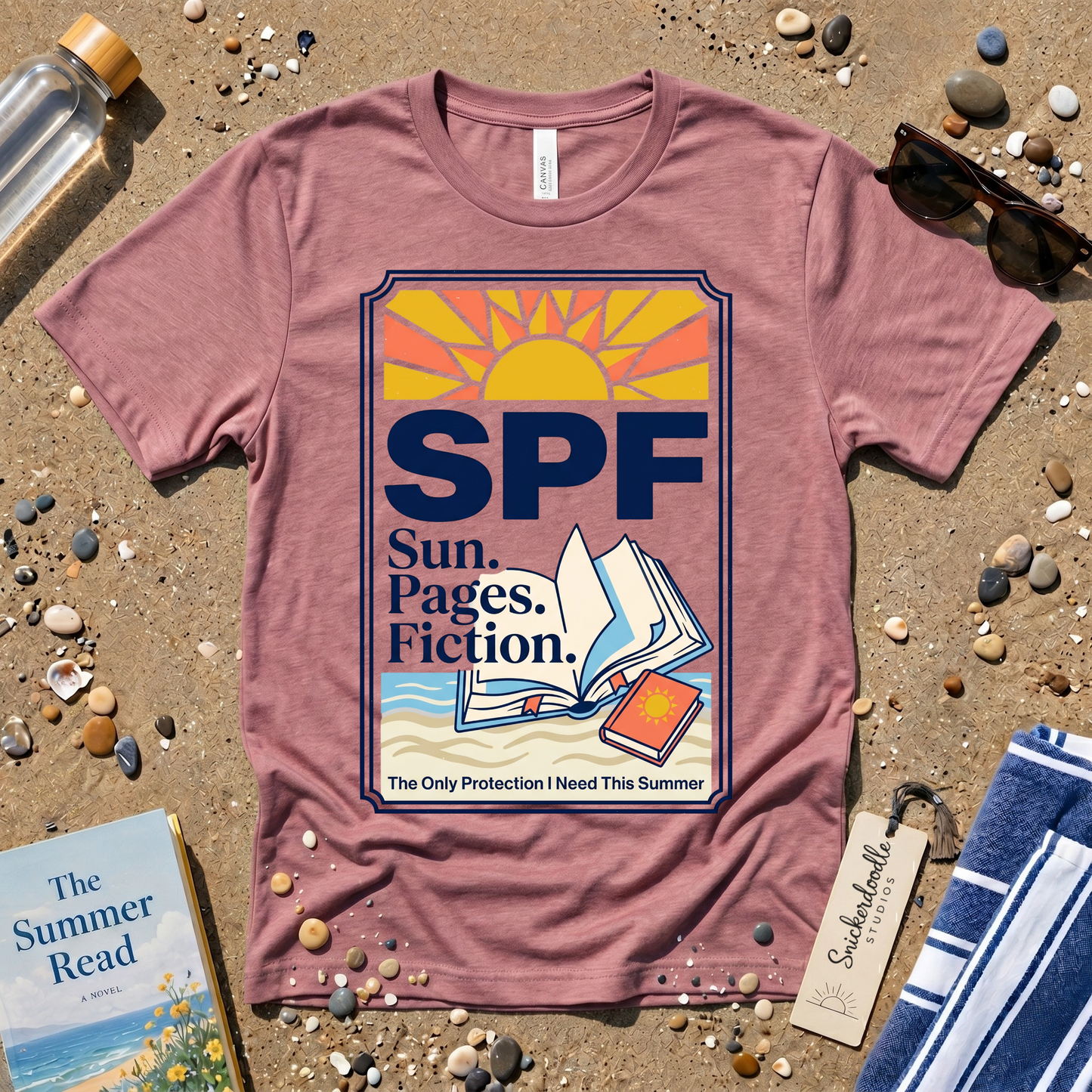 SPF: Sun, Pages, Fiction Stamp Style Graphic T‑Shirt