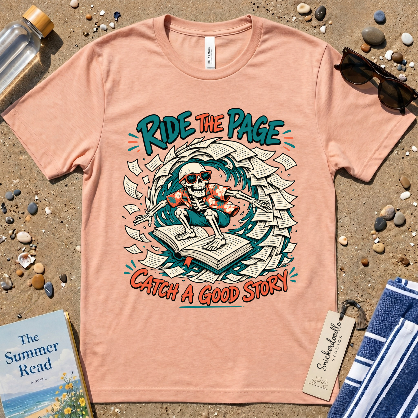 Catch a Good Story Surfing Skeleton Booklover Graphic T-Shirt