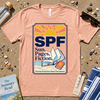 SPF: Sun, Pages, Fiction Stamp Style Graphic T‑Shirt