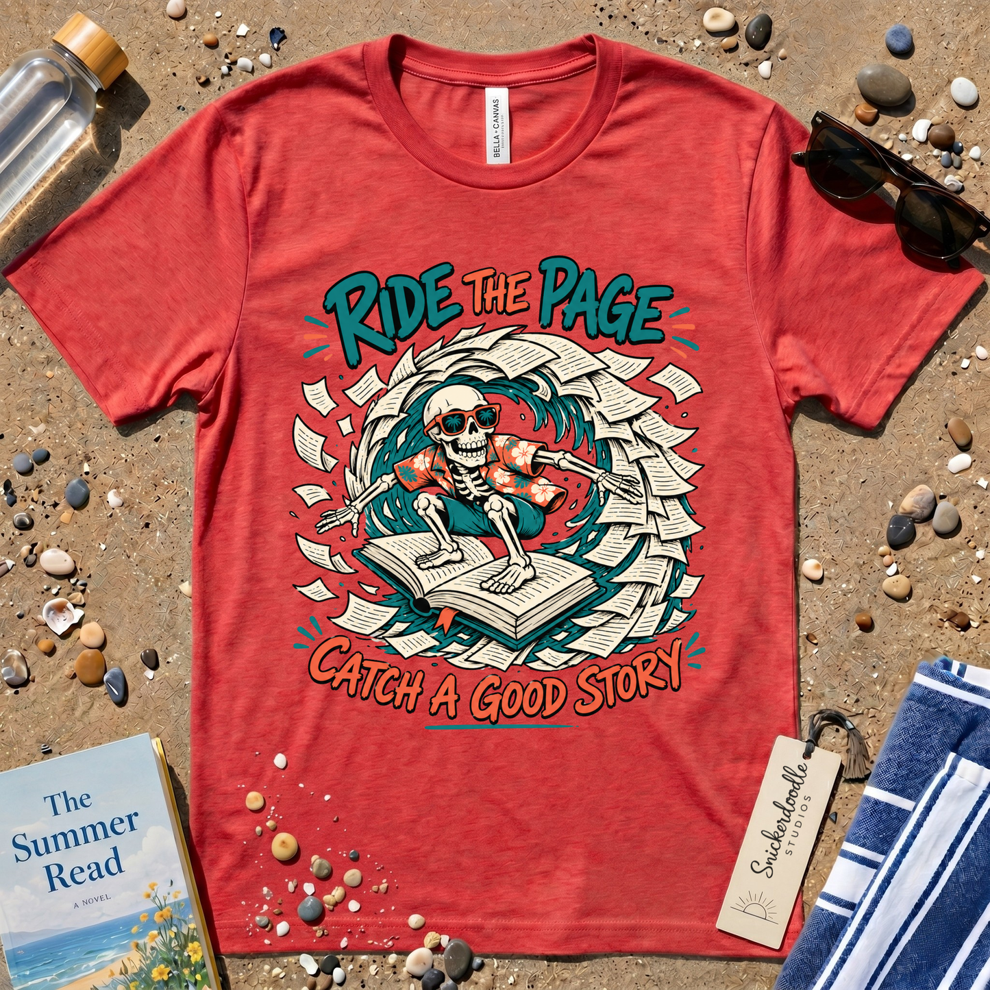 Catch a Good Story Surfing Skeleton Booklover Graphic T-Shirt