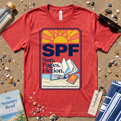 SPF: Sun, Pages, Fiction Stamp Style Graphic T‑Shirt