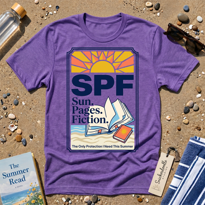 SPF: Sun, Pages, Fiction Stamp Style Graphic T‑Shirt