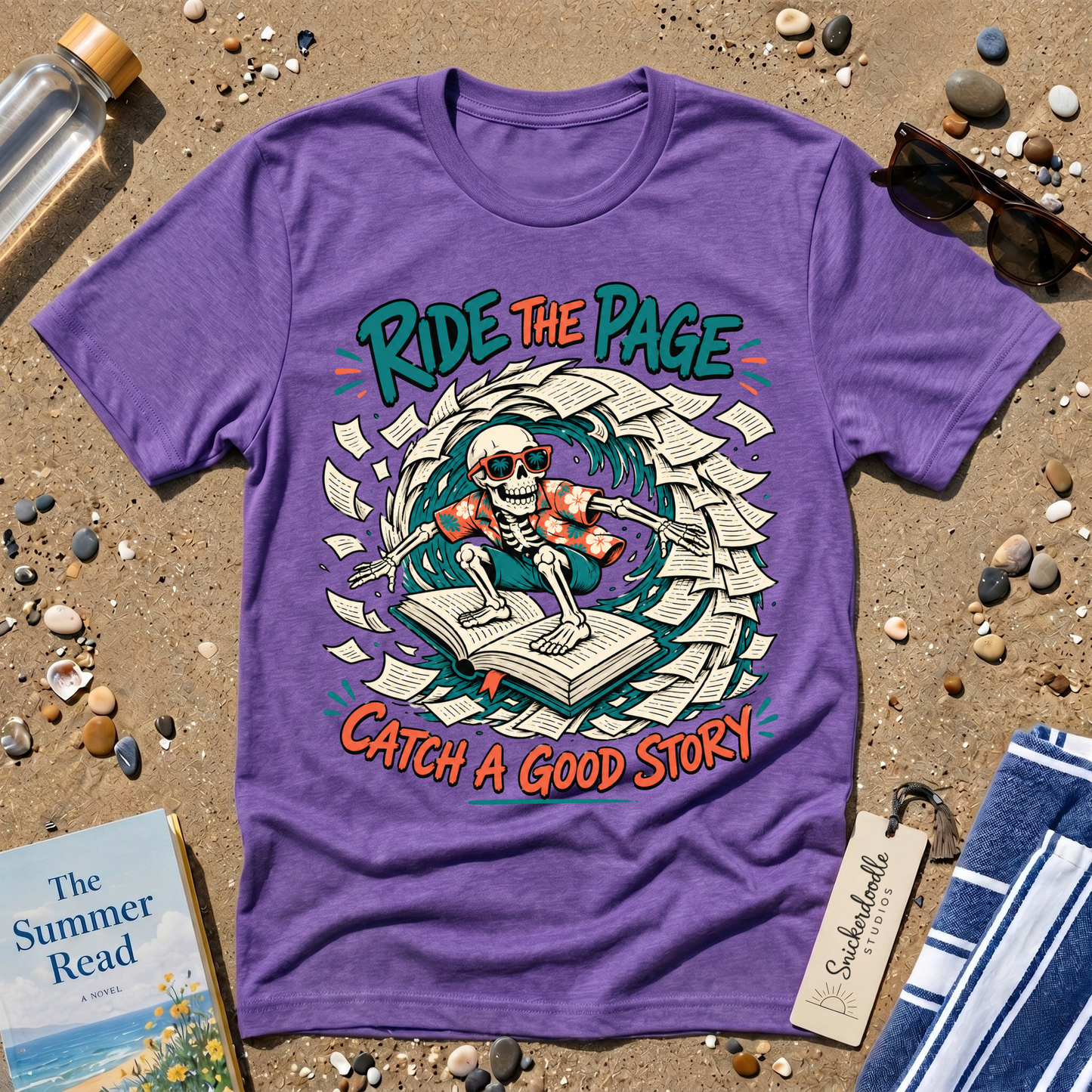 Catch a Good Story Surfing Skeleton Booklover Graphic T-Shirt