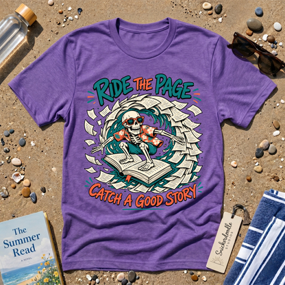 Catch a Good Story Surfing Skeleton Booklover Graphic T-Shirt