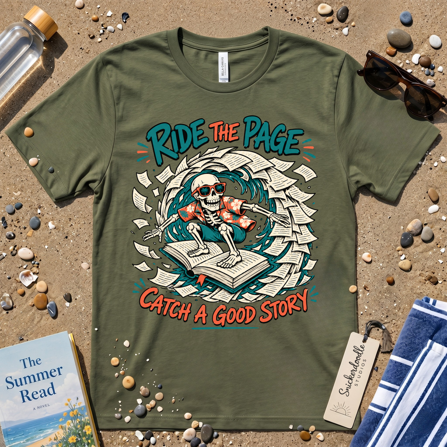 Catch a Good Story Surfing Skeleton Booklover Graphic T-Shirt