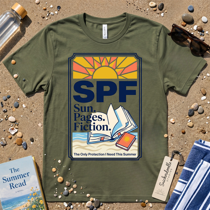 SPF: Sun, Pages, Fiction Stamp Style Graphic T‑Shirt