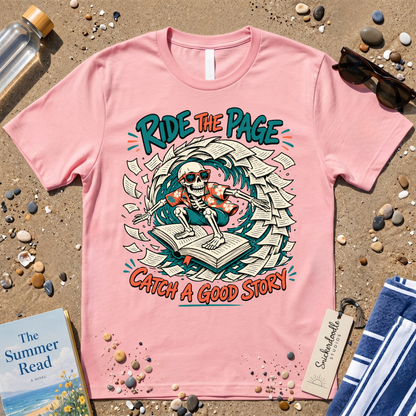Catch a Good Story Surfing Skeleton Booklover Graphic T-Shirt