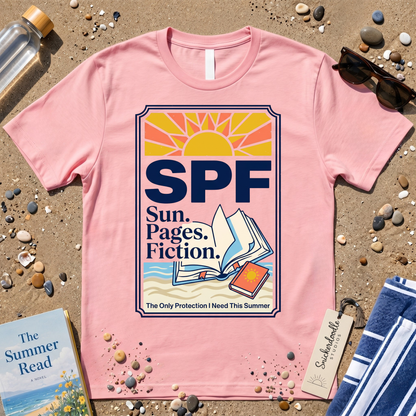 SPF: Sun, Pages, Fiction Stamp Style Graphic T‑Shirt