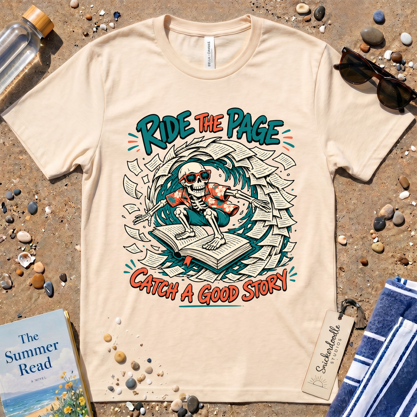 Catch a Good Story Surfing Skeleton Booklover Graphic T-Shirt
