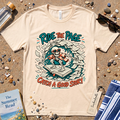 Catch a Good Story Surfing Skeleton Booklover Graphic T-Shirt