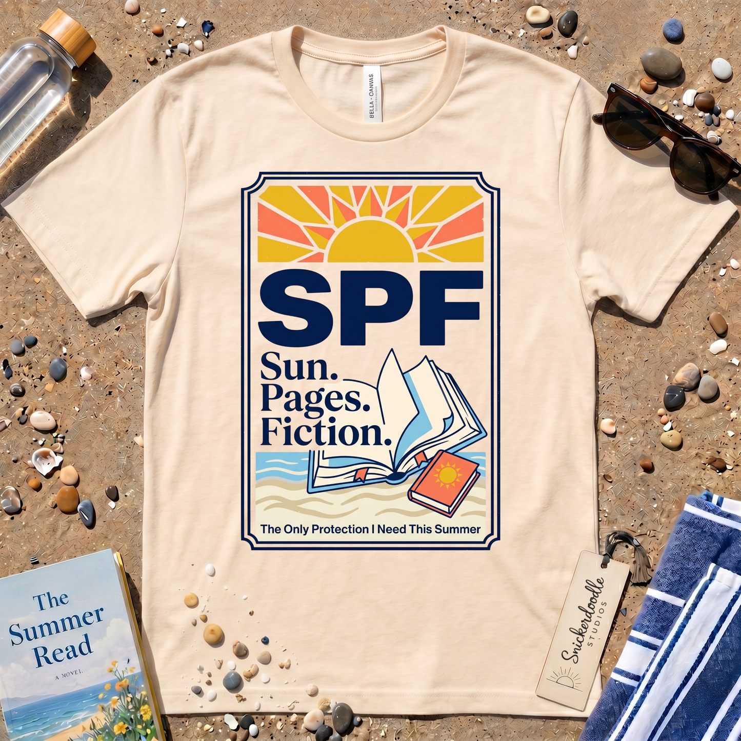 SPF: Sun, Pages, Fiction Stamp Style Graphic T‑Shirt