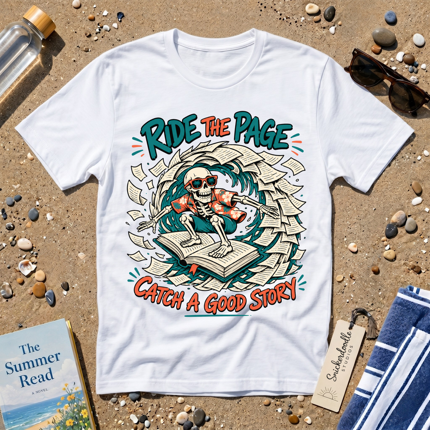 Catch a Good Story Surfing Skeleton Booklover Graphic T-Shirt