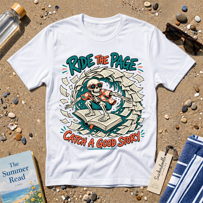 Catch a Good Story Surfing Skeleton Booklover Graphic T-Shirt
