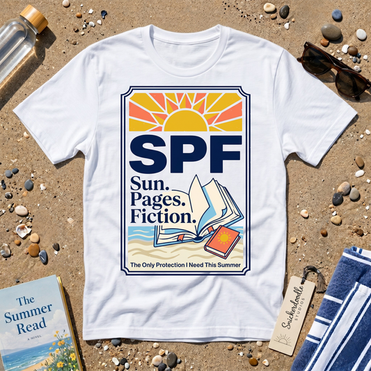 SPF: Sun, Pages, Fiction Stamp Style Graphic T‑Shirt