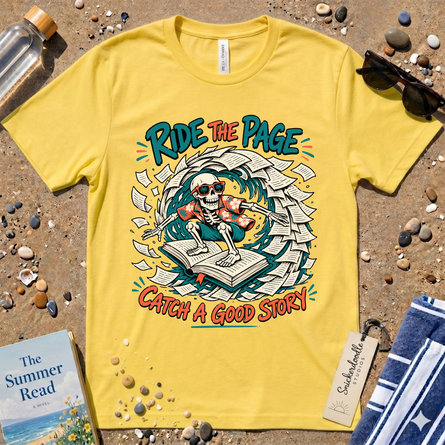 Catch a Good Story Surfing Skeleton Booklover Graphic T-Shirt