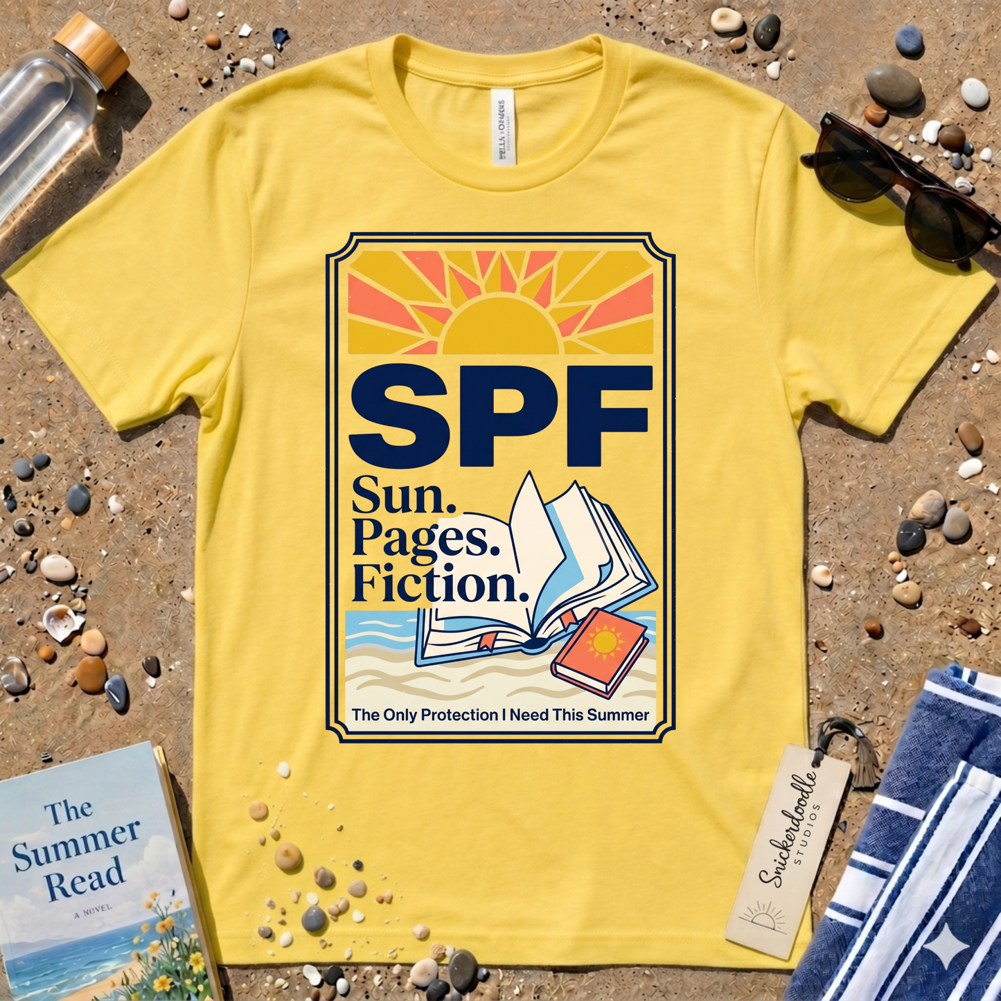 SPF: Sun, Pages, Fiction Stamp Style Graphic T‑Shirt